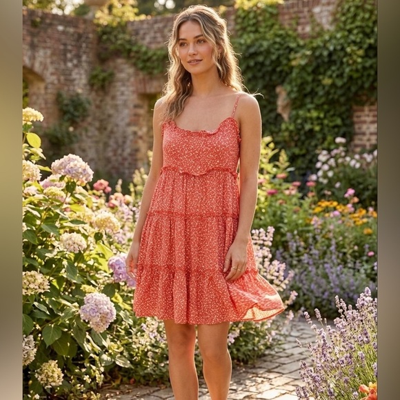 Lulus Dresses & Skirts - Lulu's Red Orange Calico Print Tiered Ruffled Sundress with Spaghetti Straps